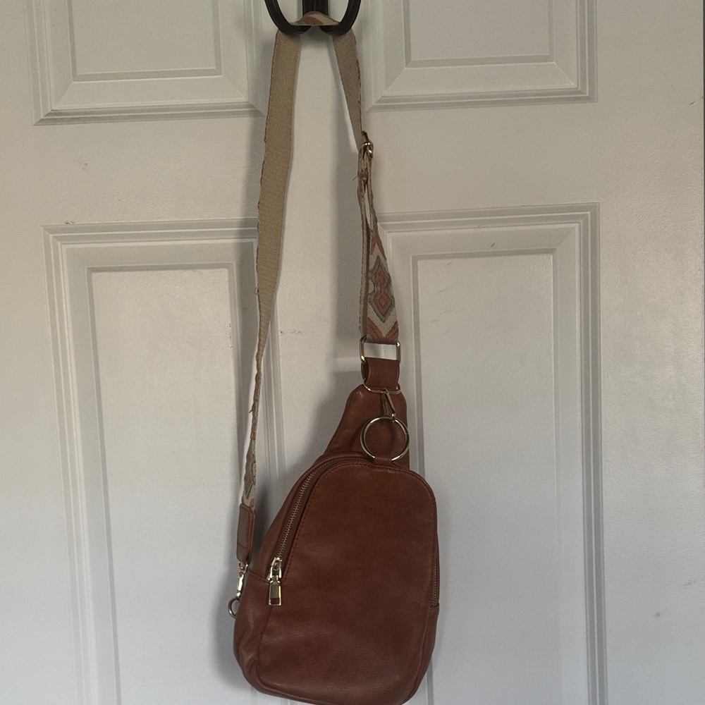 Crown Vintage Brown Vegan Leather Sling Bag with Patterned Guitar Strap